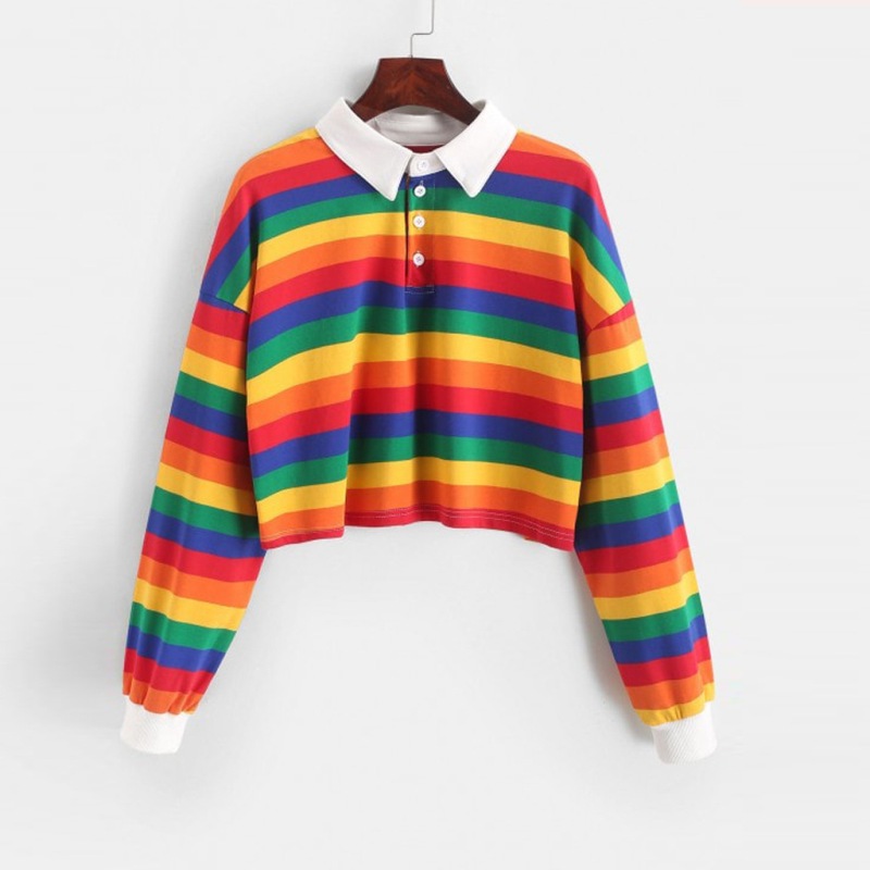 2020 Shirt Women Sweatshirt Long Sleeve Rainbow Color Ladies Hoodies With Button Striped Korean Style Sweatshirt Women alx