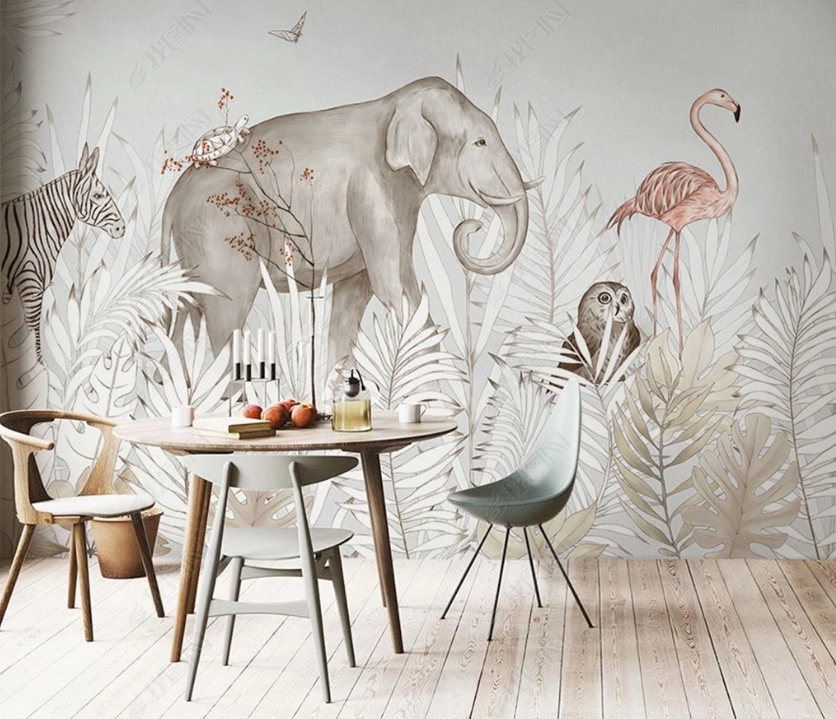 3D Hand Drawn Leaf Animal Elephant Flamingo Wall Mural Wallpaper Lqh 216