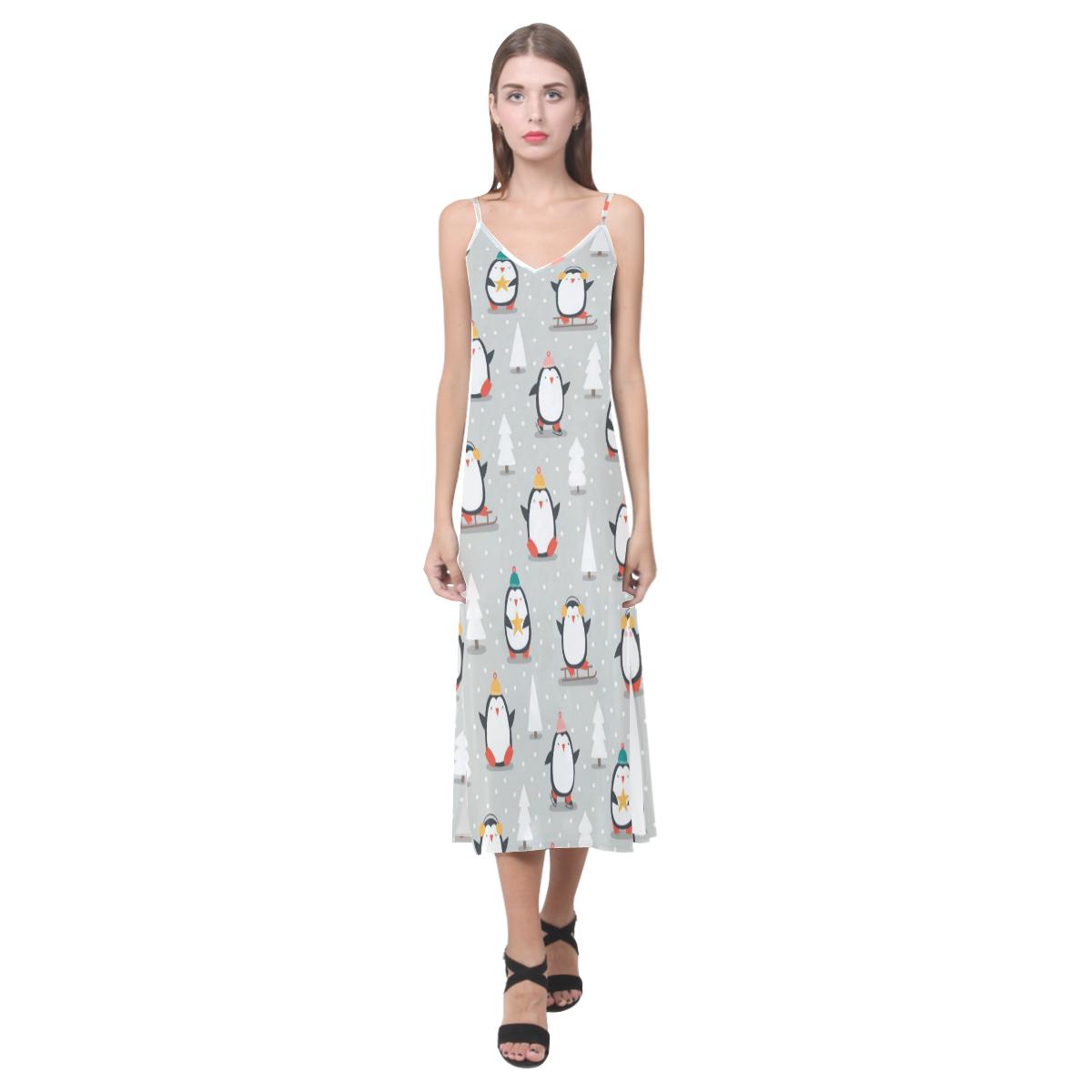 Cute Penguin christmas pattern V-Neck Open Fork Long Dress