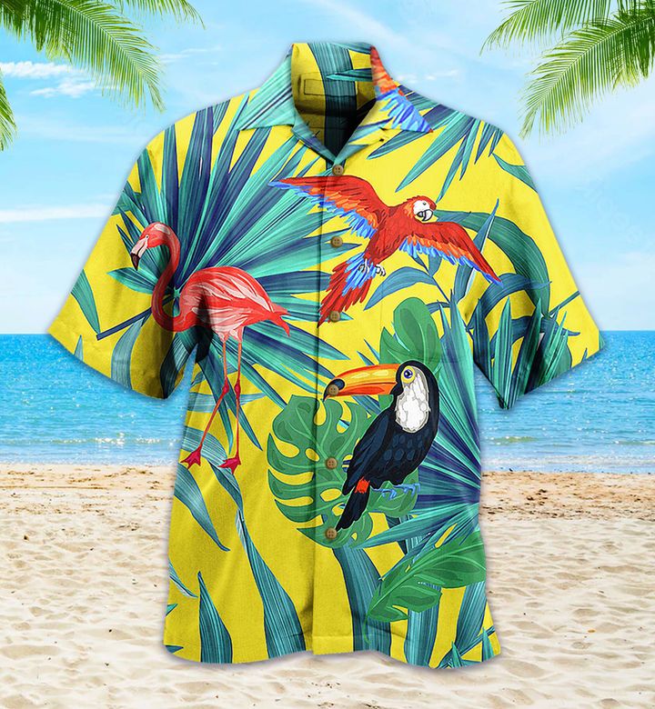 Flamingo Parrot Tropical Animal Yellow Hawaii Shirt Ha70398