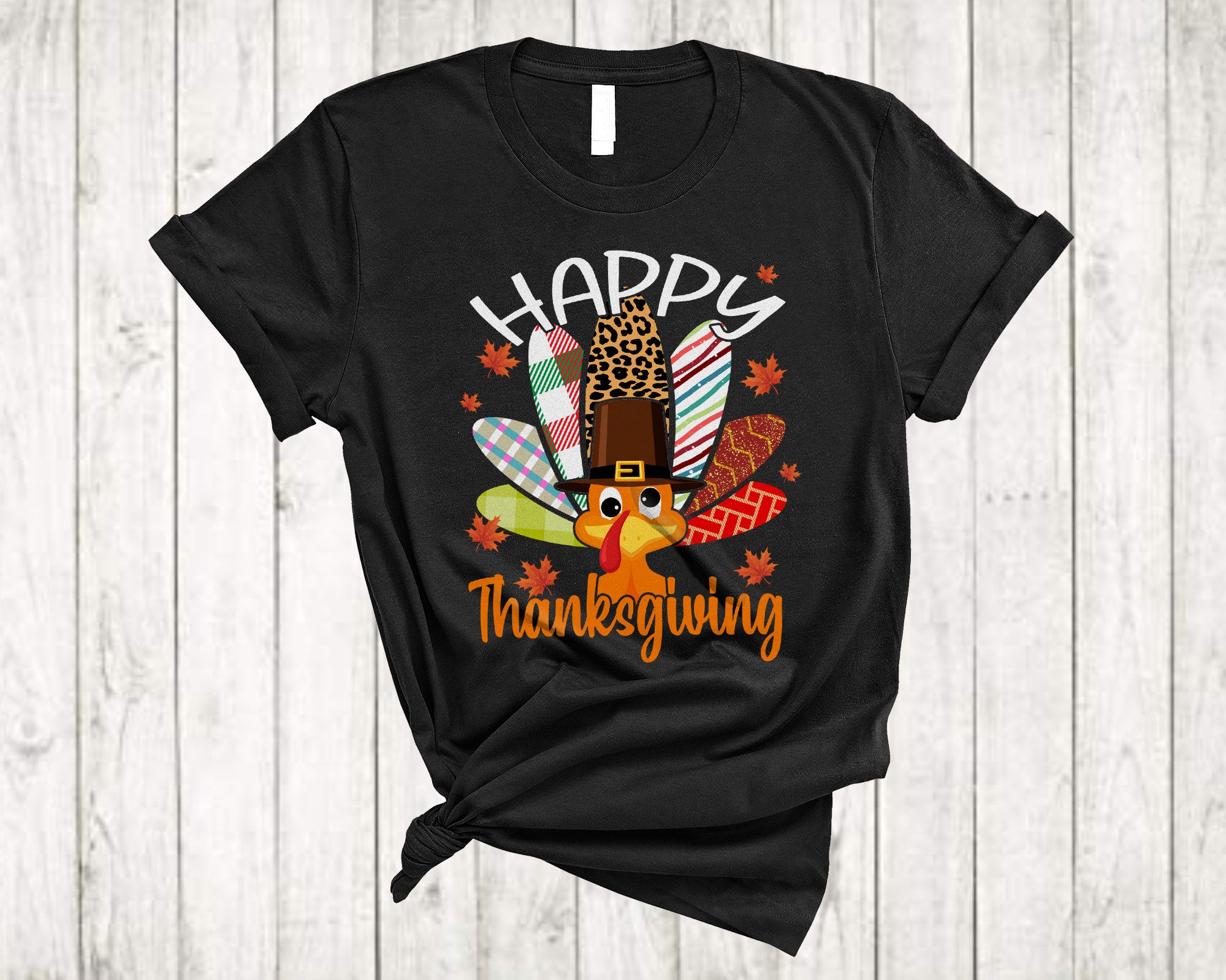 Thanksgiving Turkey Shirt Happy Thanksgiving Cute Thanksgiving Turkey Pilgrim Leopard Plaid T-Shirt