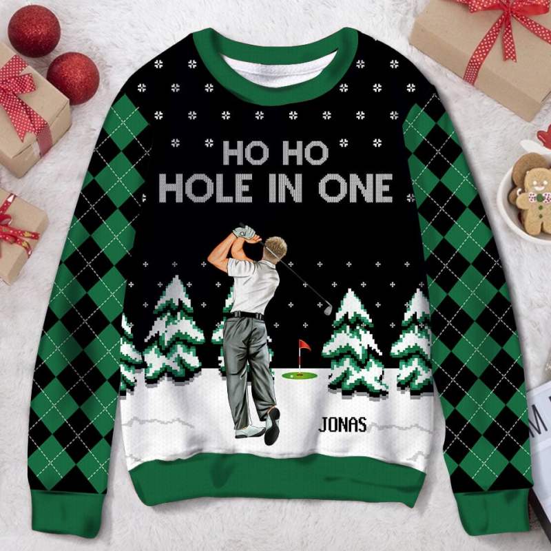 Ho Ho Hole In One, Personalized Custom Golfers Ugly Christmas Sweater, Gift For Goft Lover