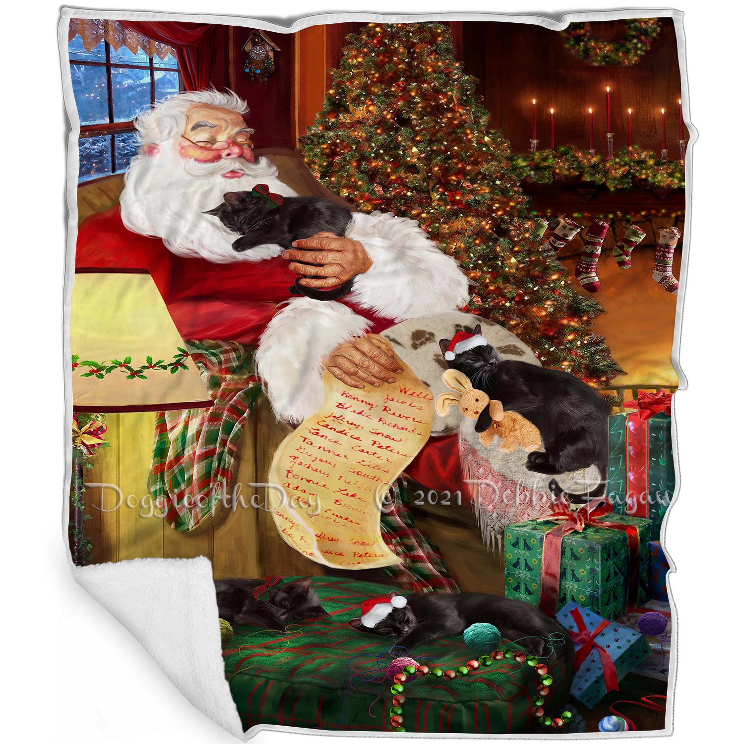 Black Cats And Kittens Sleeping With Santa Blanket