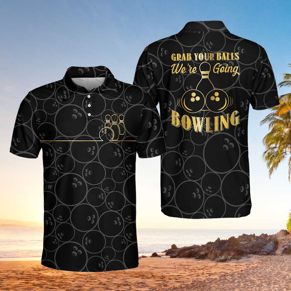 Grab Your Ball We’Re Going Bowling Polo Shirt, Bowling Ball Pattern Polo Shirt, Black Bowling Shirt For Men Coolspod