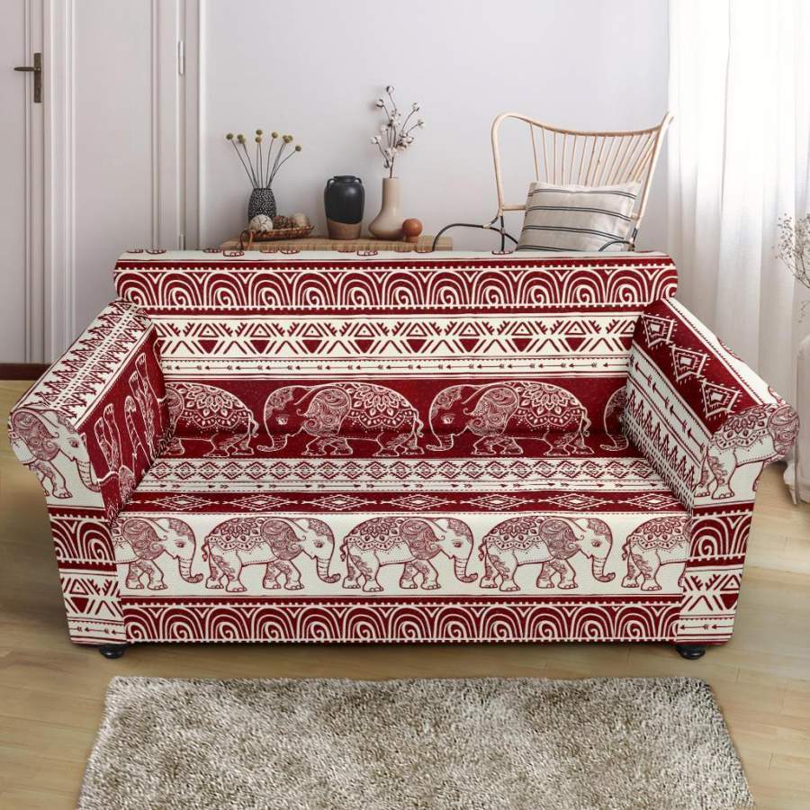 Red Aztec Elephant Pattern Print Loveseat Cover