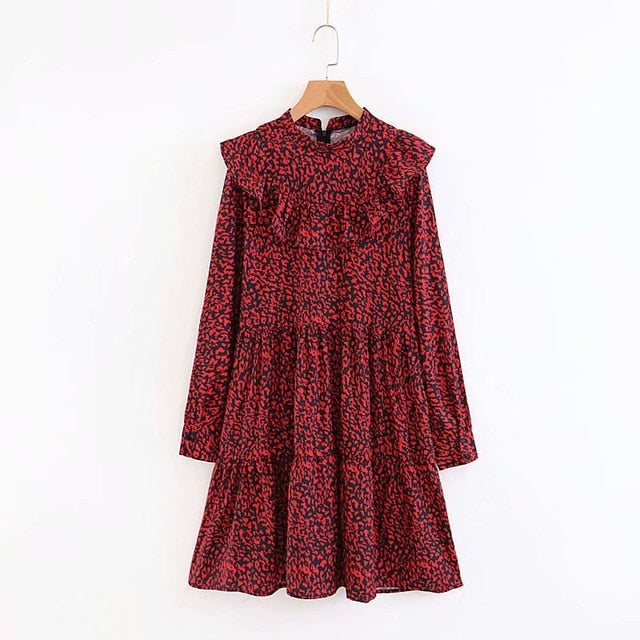 Vintage Long Sleeve Red Leopard Print Dress