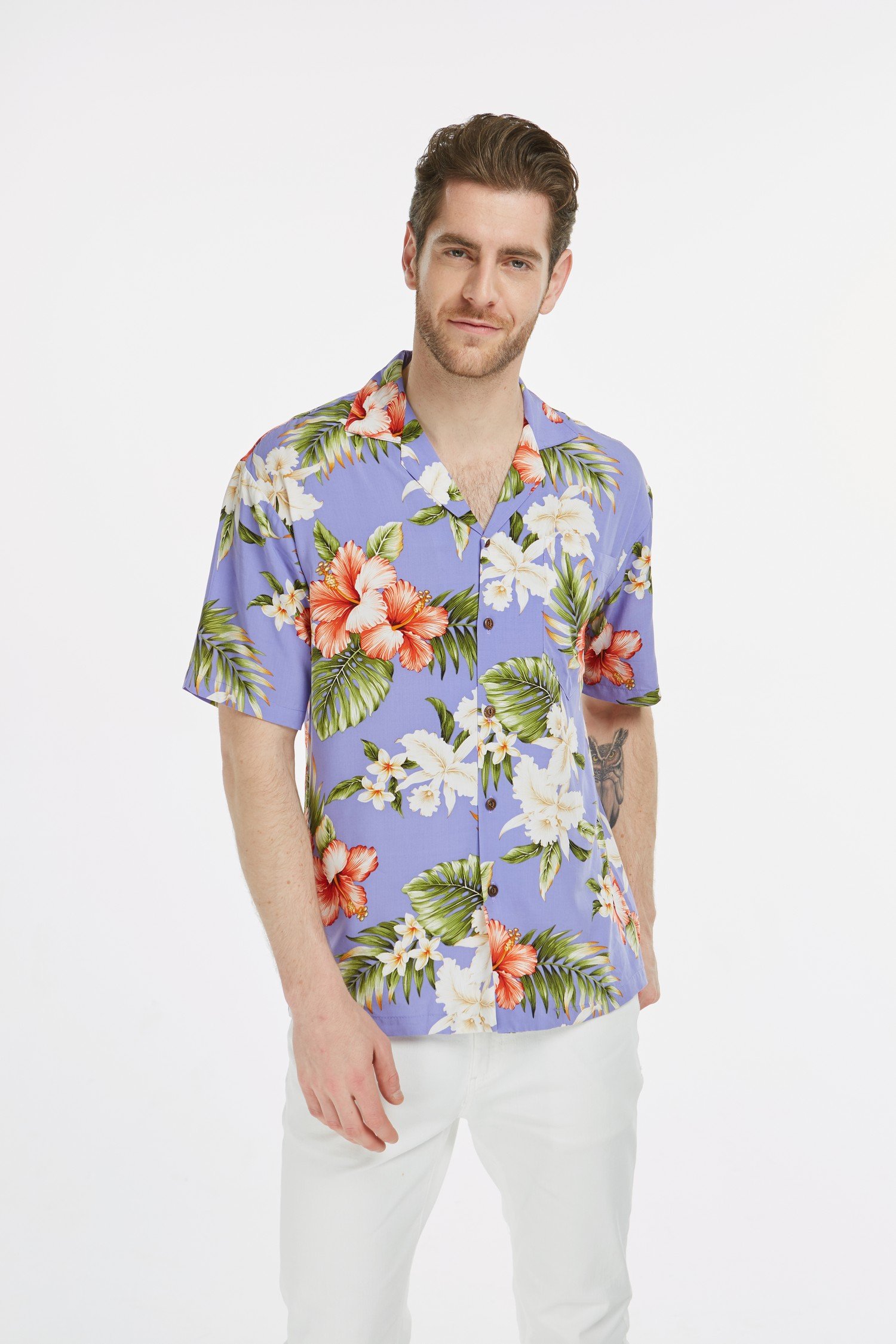 Men's Aloha Shirt Orchids and Hibiscus in Purple - Pinotee Store