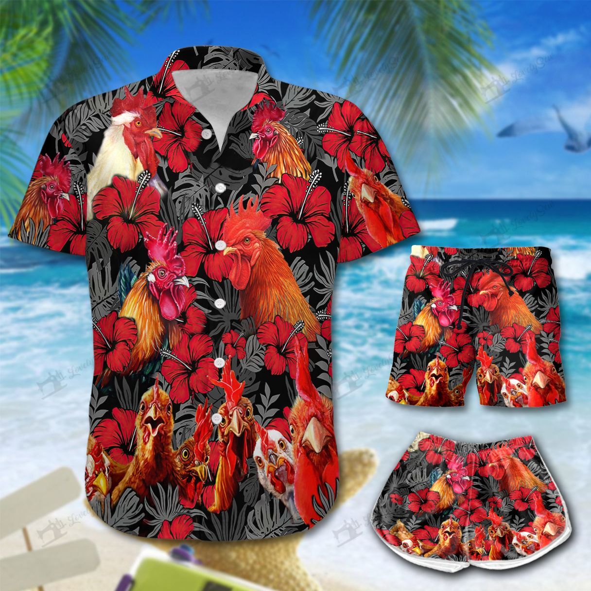 Chicken Red Hisbiscus Hawaiian Shirt Shorts Ha87857