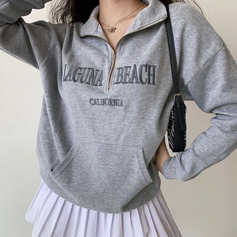 Sweatshirts Gray Letter Embroidery Sweatshirt 2022 Women hoodie ​Vintage Collar Pullovers Sweatshirts худи moletom streetwear alx