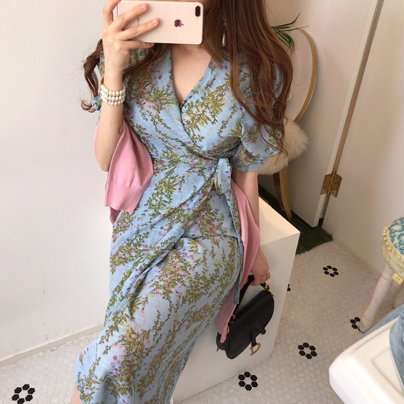 Vintage Chic Summer Floral Dress Women Elegant Lace Up Split Sexy Dress Party Oversized Casual Print Long Dresses Vestidos 14518 alx