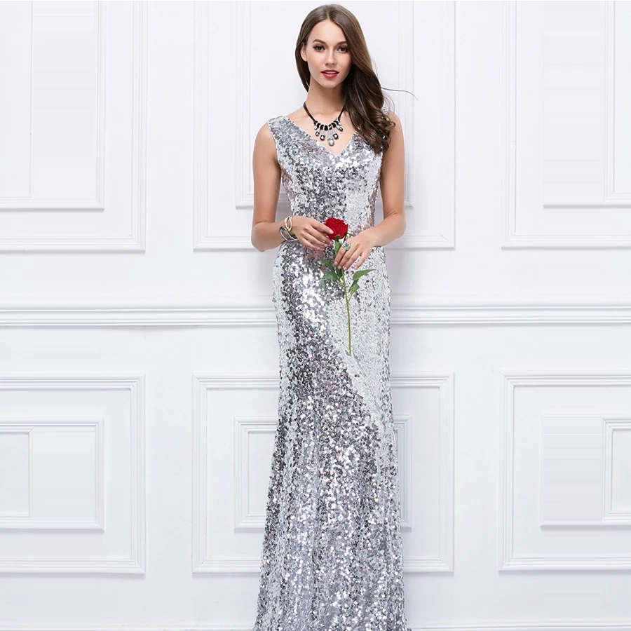 2022 Evening Dress Sleeveless Tank Evening Dresses for Women V-neck Bling Sequin Robe De Soiree Elegant Mermaid Formal Gown alx