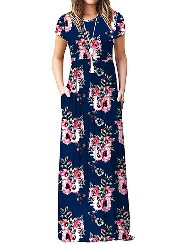 2022 Summer Maxi Floral Dress Women Long Party Dress Ladies Loose Pocket Short Sleeve Casual Flower Dress Robe Femme alx