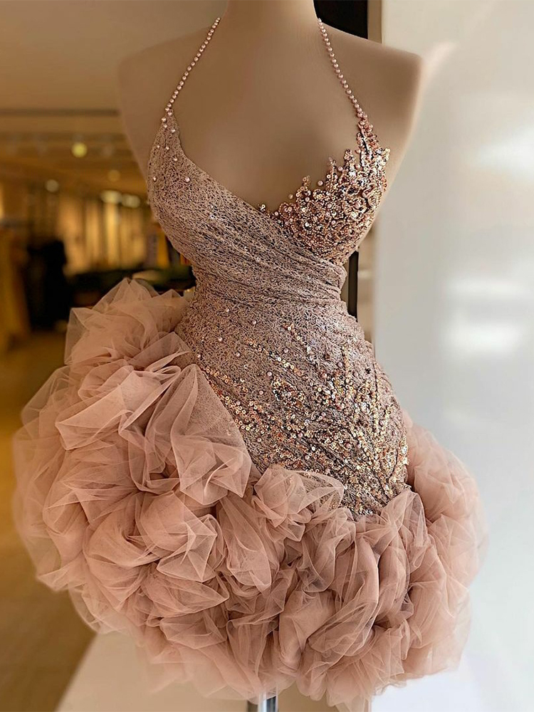 2022 Pink Ruffles Short Cocktail Dresses Mini Prom Dress Beading Halter Lace Sequins Party Robes De alx