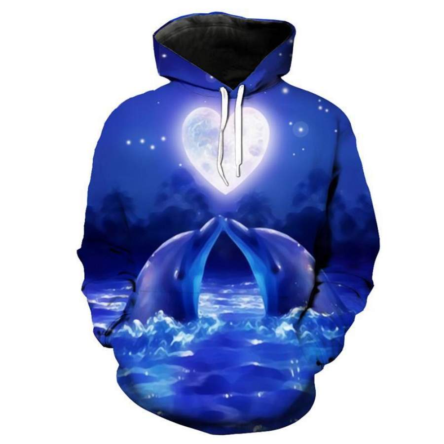 Cute Couple Dolphin Print Unisex Hooded Sweatshirt Men’s Sportswear