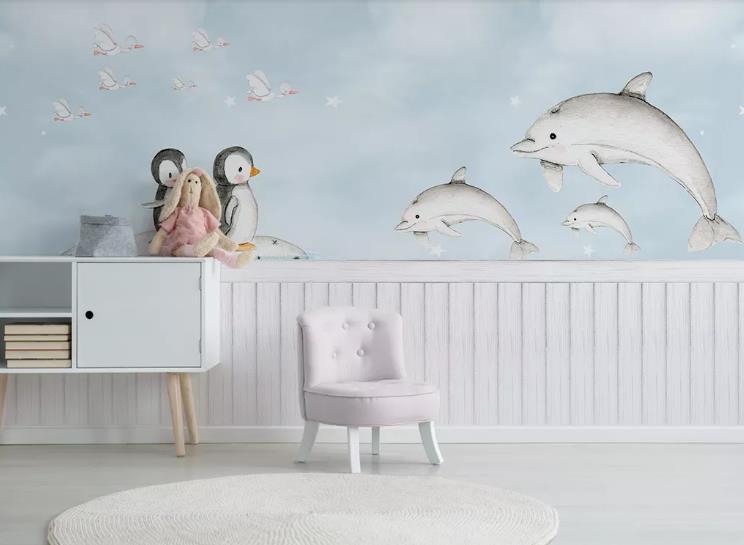 3D Cartoon Animal Sky Dolphin Penguin Wall Mural Wallpaper Lqh 277