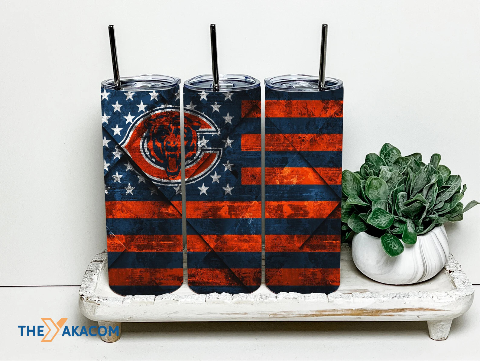 American Flag Pattern Blue And Orange Background Chicago Bears Tumbler