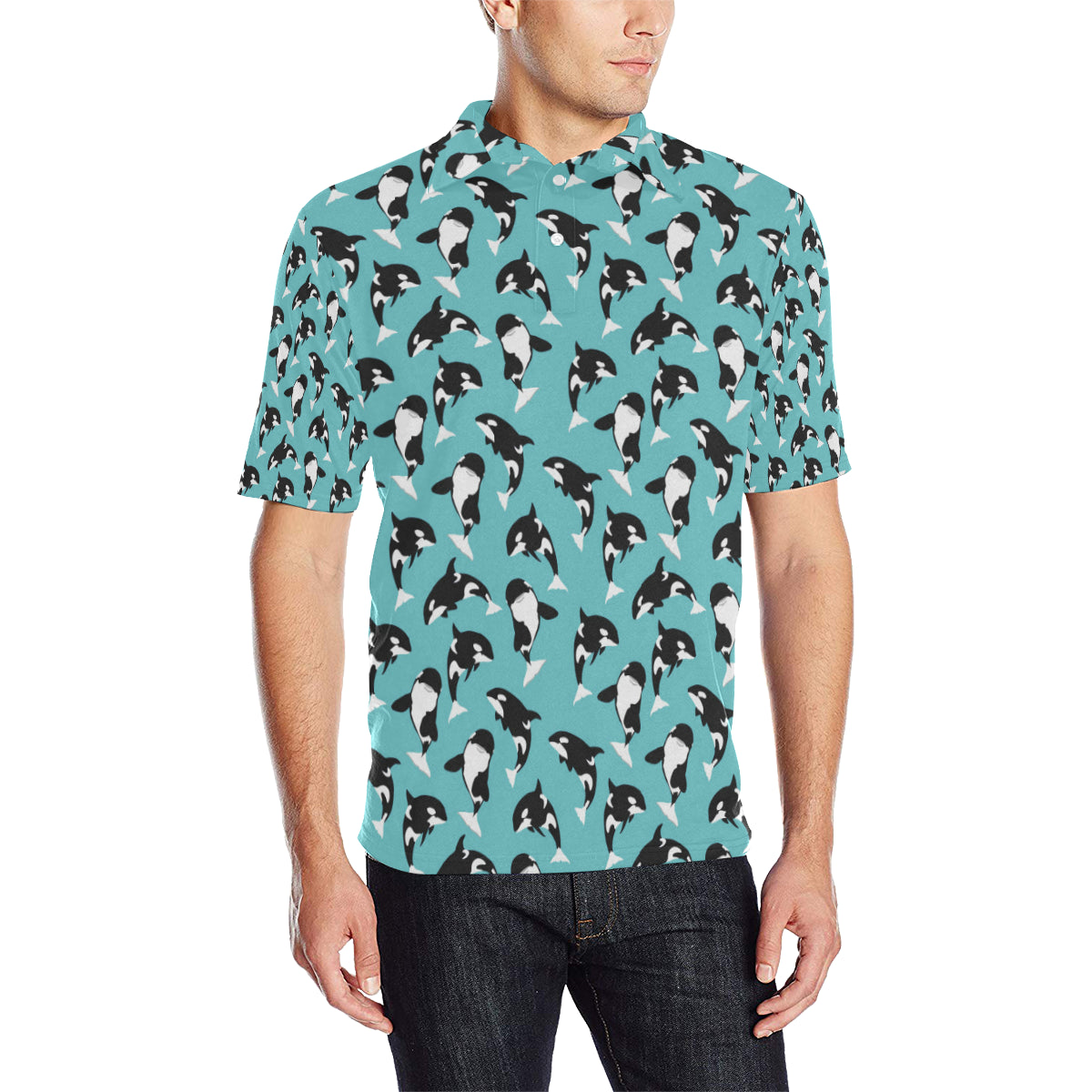 Whale Action Design Themed Print Men Polo Shirt