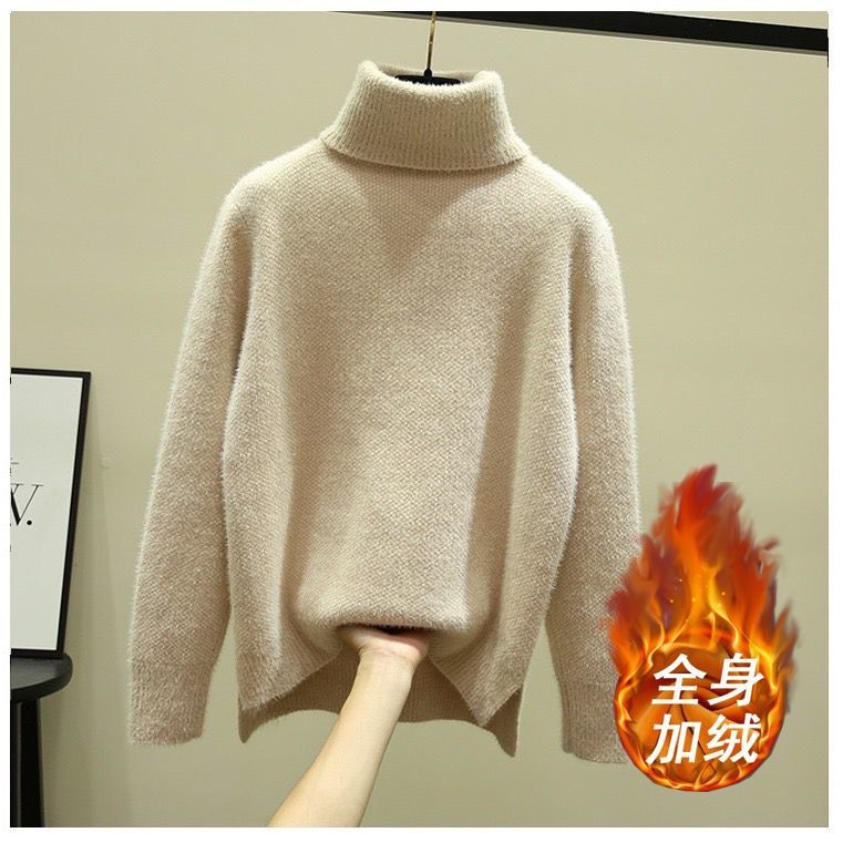 2022 Winter Thicken Turtleneck Add Velvet Sweater Women Korean Split Knitted pullover Casual Slim Basic Soft Warm Knitwear Tops alx