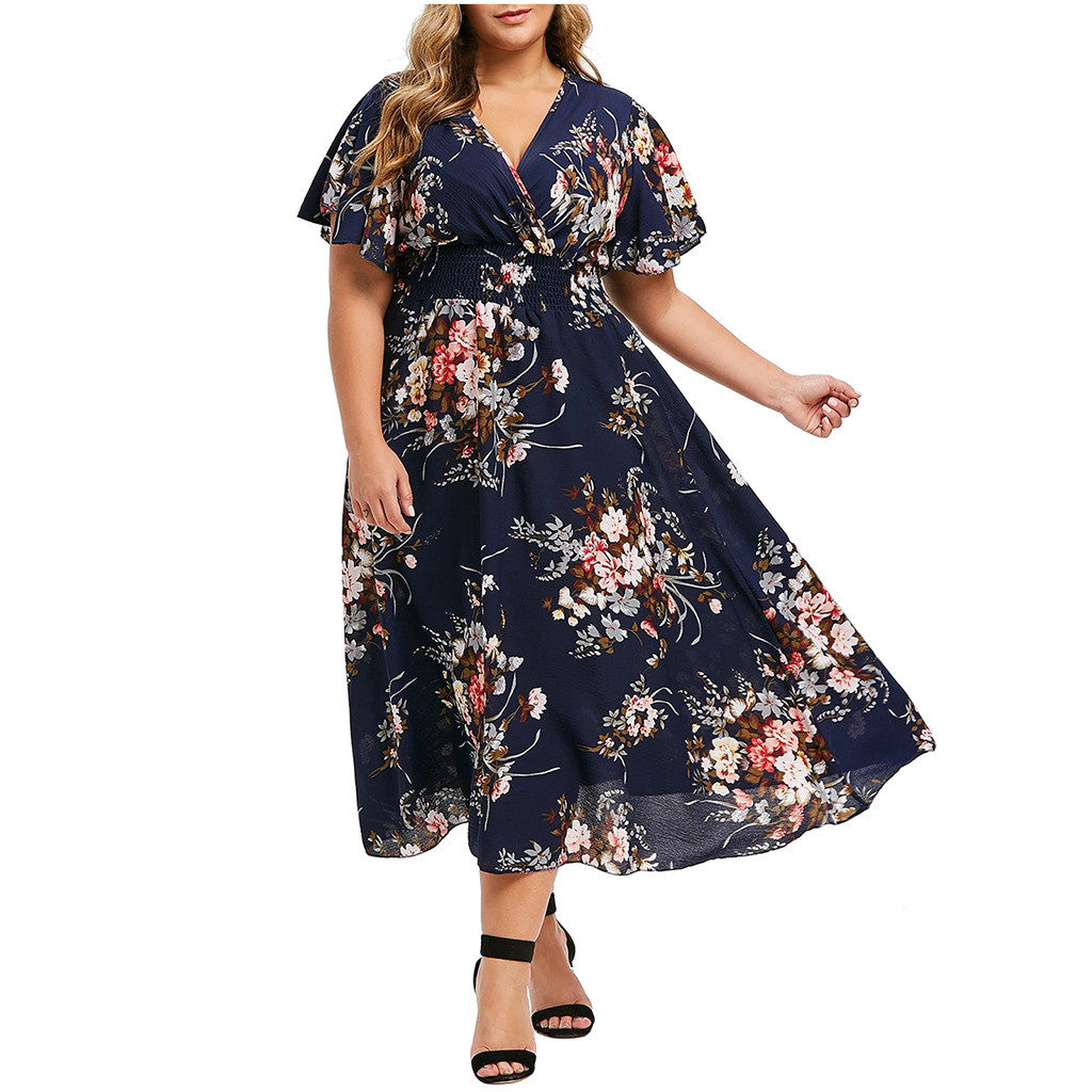 5XL Plus Size Fashion Women Floral Printed V-Neck Short Sleeve Casual Ankle-Length Dress Fashion Ruffle Maxi Dress Plus Size alx