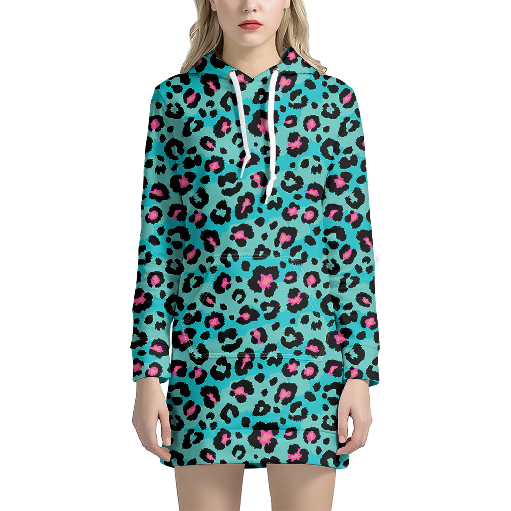 Turquoise And Pink Leopard Print Women’S Pullover Hoodie Dress