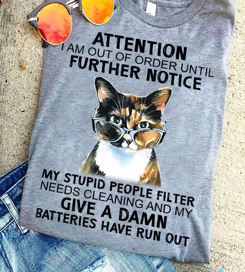 Attention I Am Out Of Order Until Further Notice My Stupid People Filter Needs Cleaning And My Give A Damn Batteries Have Run Out Standard T-Shirt