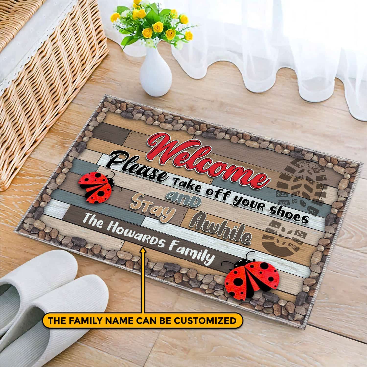 Personalized Family Doormat Welcome Please Take Off Your Shoes And Stay Awhile Funny Decorative Doormat Evg43645