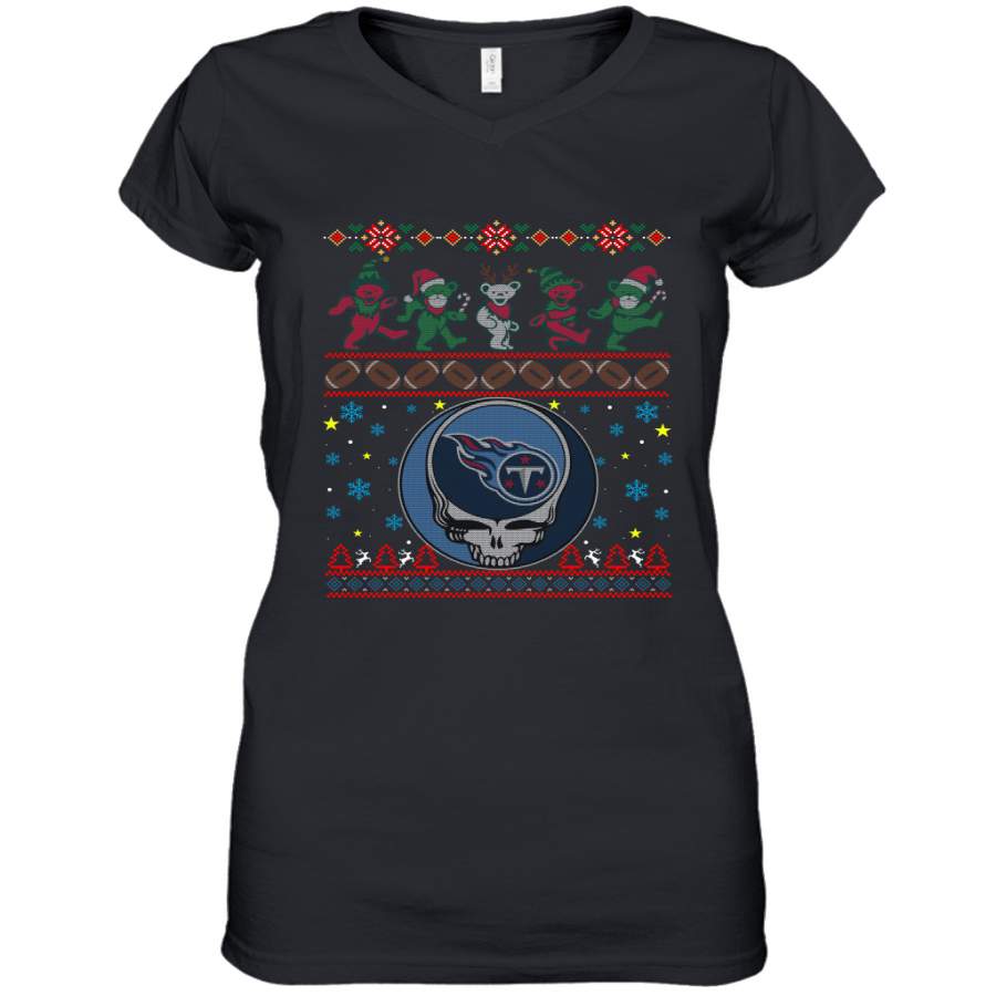 Tennessee Titans Christmas Grateful Dead Jingle Bears Football Ugly Sweatshirt Women’s V-Neck T-Shirt