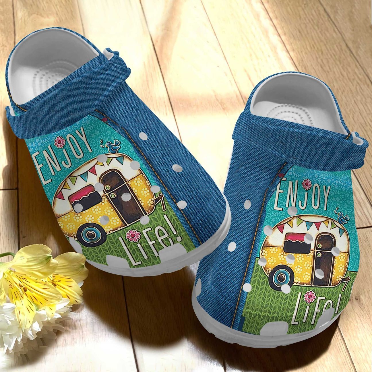 Camping Personalized Clog, Custom Name, Text Floral Camper In Jean, Fashion Style For Women, Men, Kid, Print 3D