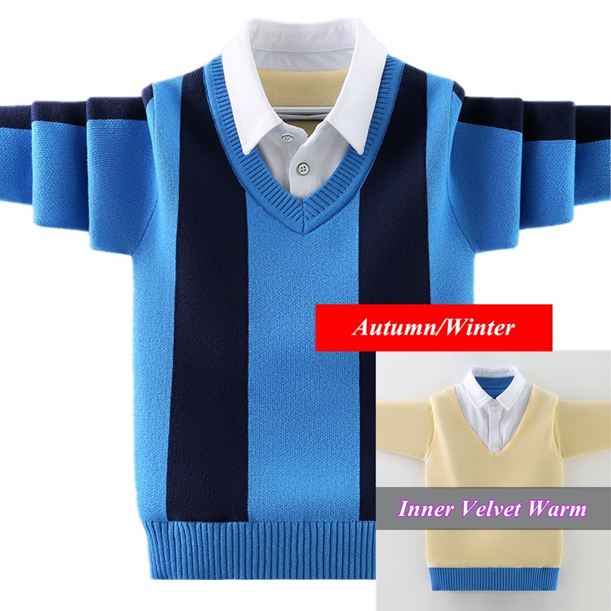 Boys Winter Sweaters 2022 New Kids Shirt-Collar Pure Cotton Striped Knitwear Children’s Thicken Warm Pullovers Can Match Velvet alx