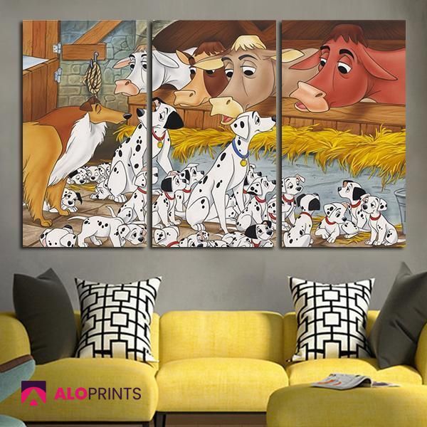 3 Panel 101 Dalmatians And Others Animals In Cruella De Vil House Wall Art Canvas