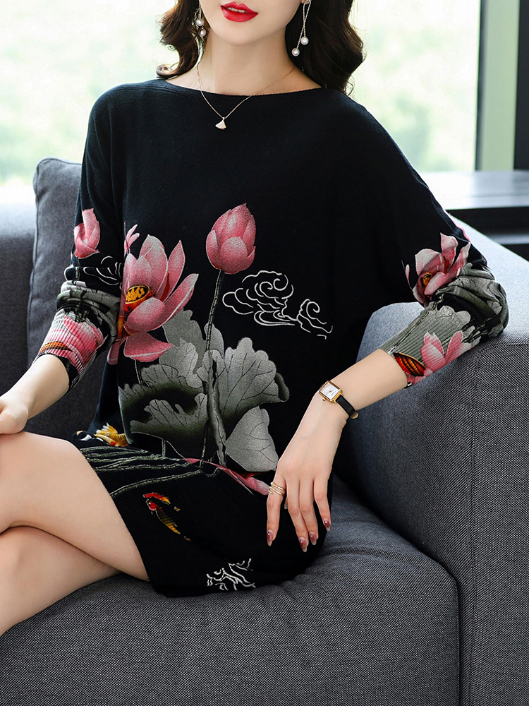 YISU 2022 New Women Sweater O-Neck Knitted Long section pullove long sleeves Female Casual Loose printing Women clothing alx