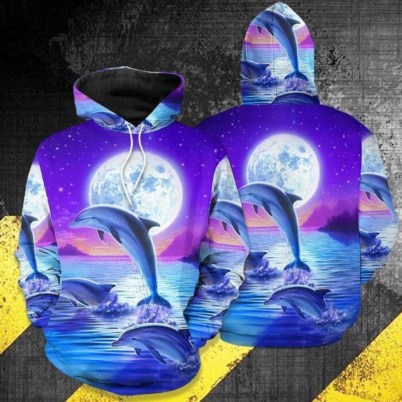 Beautiful Dolphin With The Moon Blue Purple Cute Design 3D Printed Sublimation Hoodie Hooded Sweatshirt Comfy Soft And Warm For Men Women S to 5XL CTC16011450