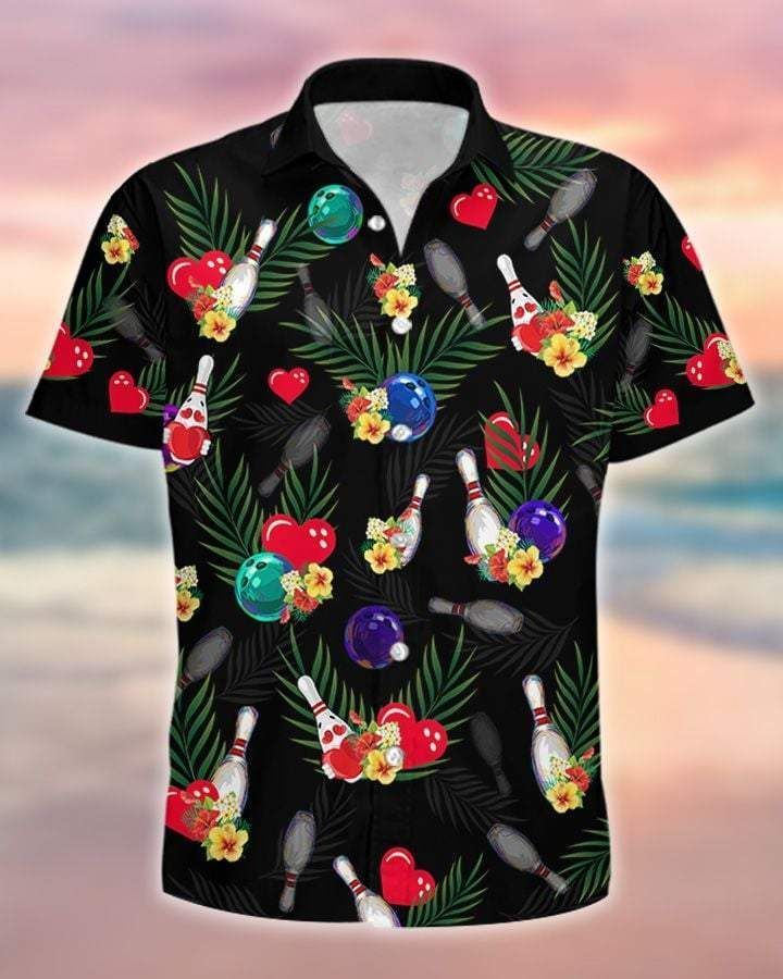 Buy Simple Tropical Bowling Heart Black Unisex Hawaii Aloha Shirts Ha80313