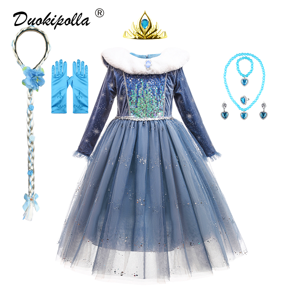 2021 New Year Winter Velvet Girls Princess Elsa Dress Halloween Snow Queen Costume Blue Long Sleeve Thickening Warm Clothes alx