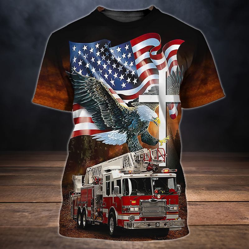 God Blessed Eagle Flag And Fire Truck Firefighter 3D All Over Print Shirt