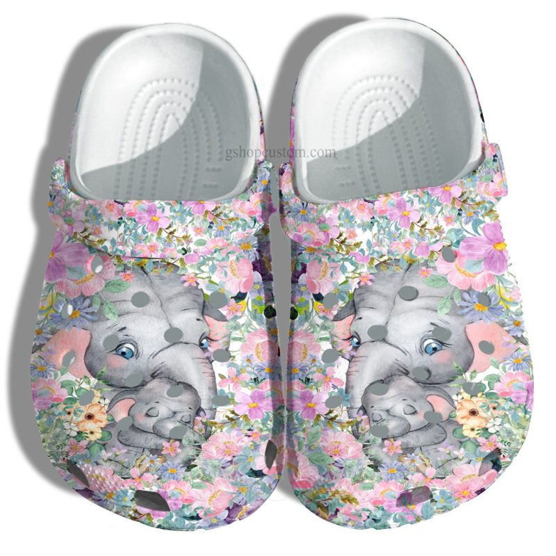 Elephant Mom Hug Baby Elephant Flower Shoes – Elephant Grandma Shoes Croc Clogs