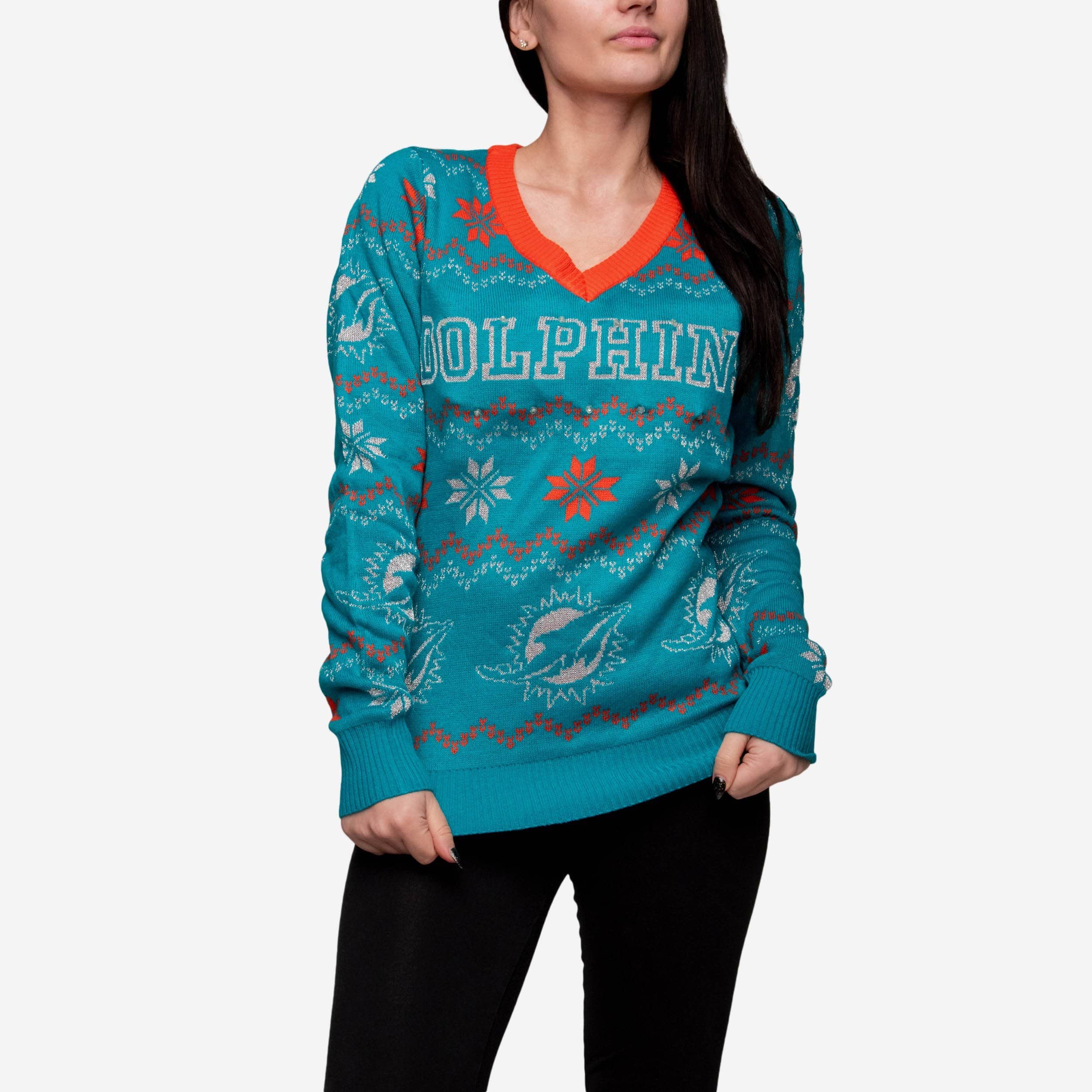 Miami Dolphins Womens Light Up V-Neck Bluetooth Sweater