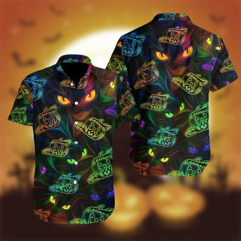 Halloween Colorful Light Cat And Pumpkin Print Polyester Hawaii Shirt Ha109940