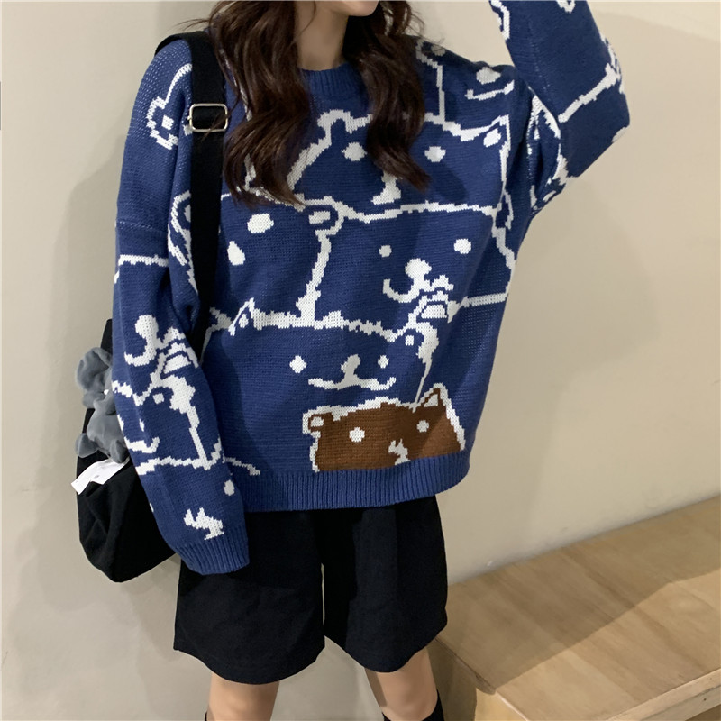 Autumn Fashion New Sweater Women Bear Pattern Round Collar Long Sleeve Pullover Kawaii Harajuku Loose Casual Streetwear Tops alx