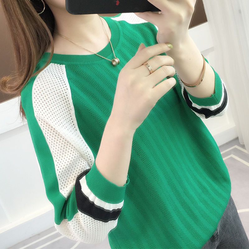 Stylish O-Neck Spliced Knitted Hollow Out Sweater Female Clothing 2022 Autumn New Oversized Casual Pullovers Loose Commute Tops alx