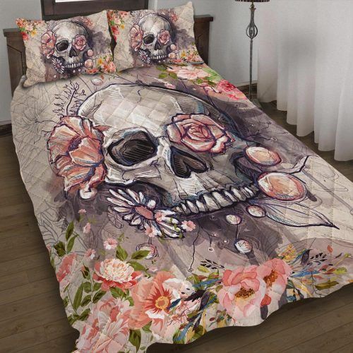 49DDTSKU-Flower Skull Quilt Bed Set