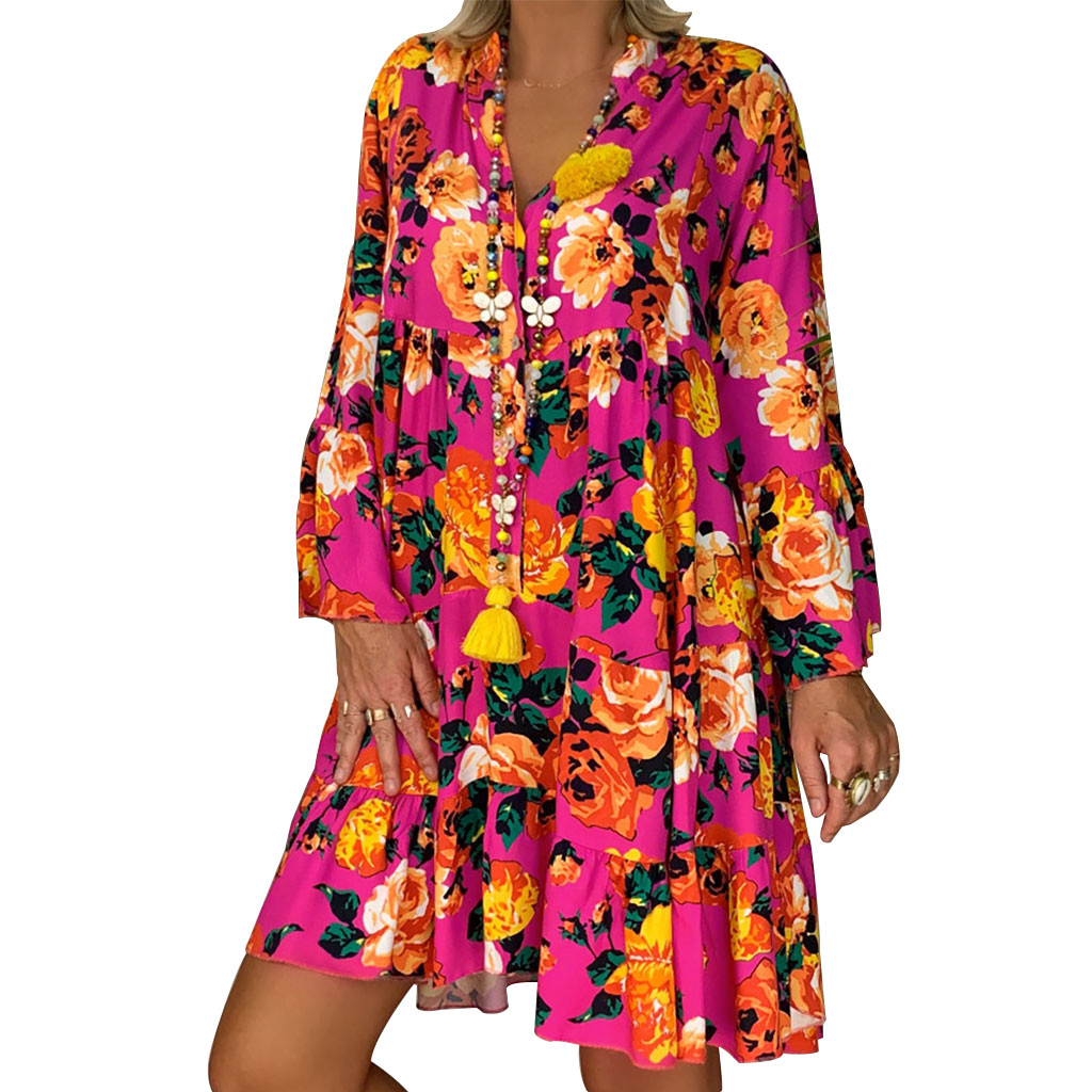 Plus Size Women’s Vintage Floral Printed Mini Dress Bohemian Loose Folk-Custom Party Dress for Women Summer Comfortable Robe alx