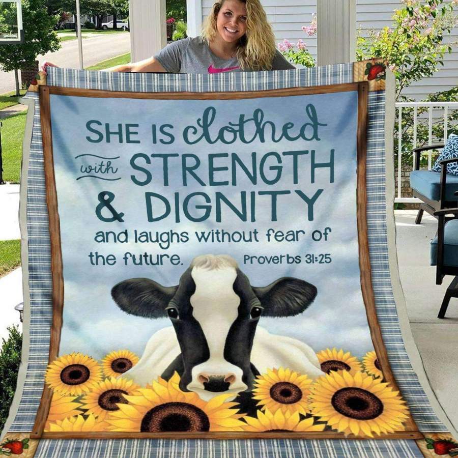 Blanket Gift For Cow Lovers She Is Clothed With Strength And Dignity