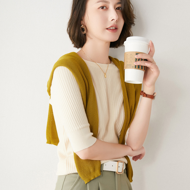 Spring and Summer New Half-sleeved Women O-neck Slim Wool Cotton Blend Pullover Vest T-shirt Knitted Base Sweater alx