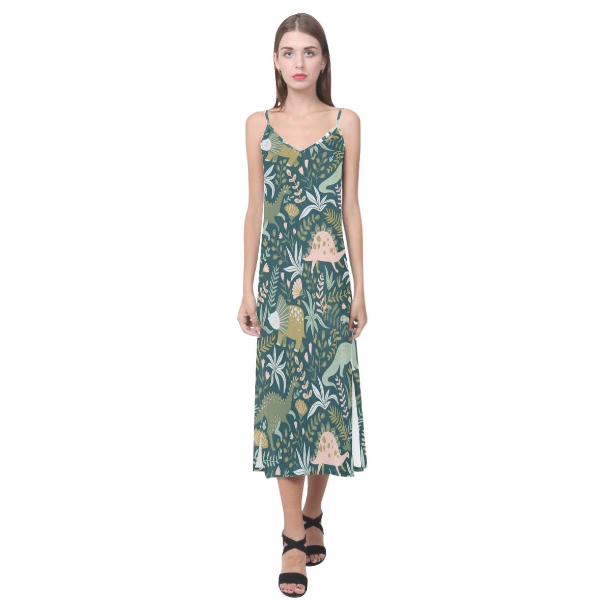 dinosaurs tropical leaves flower pattern V-Neck Open Fork Long Dress