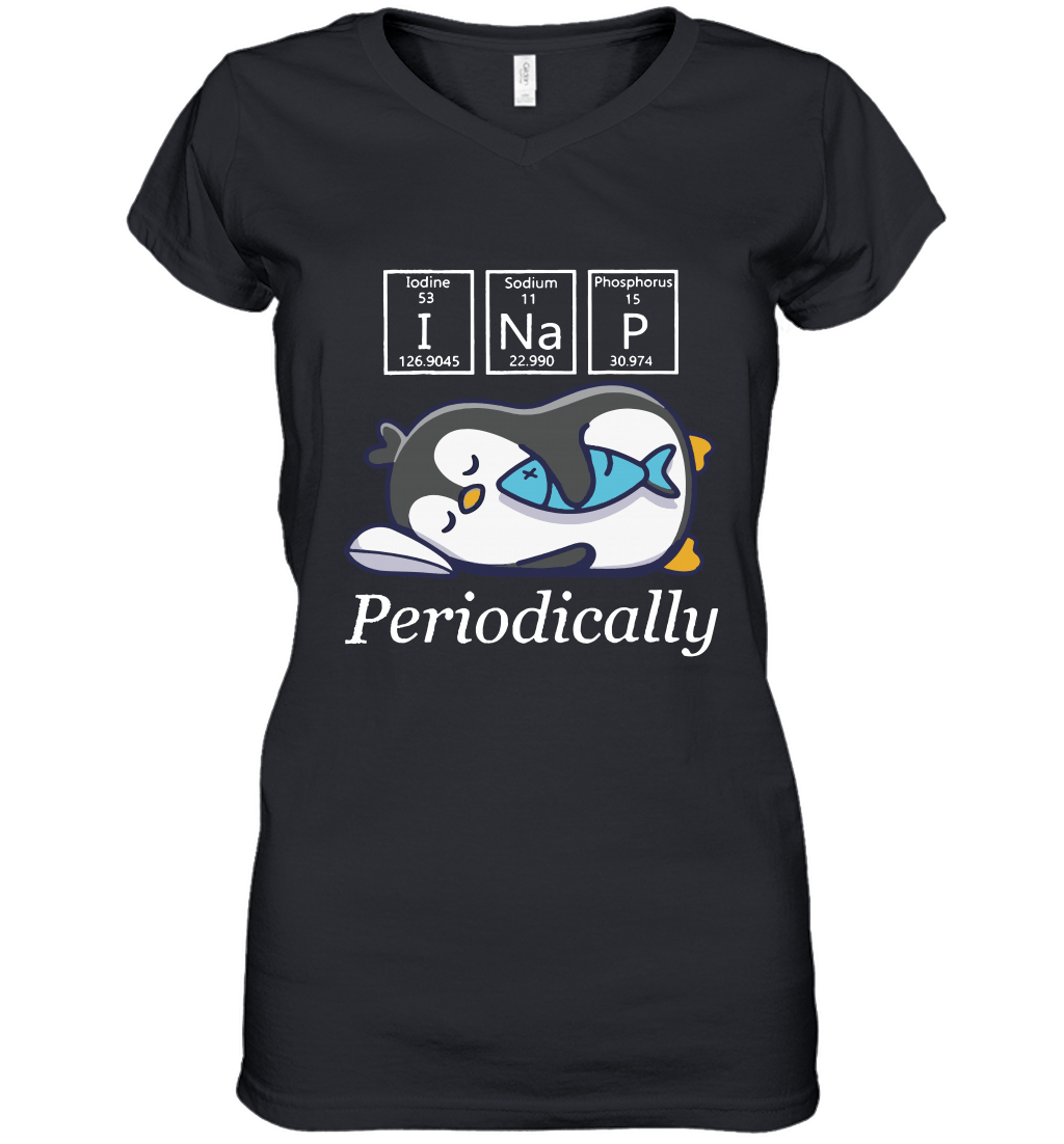 I Nap Periodically Funny Chemist Periodic Table Penguin Women’s V-Neck T-Shirt