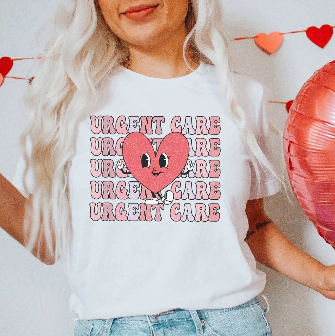 Retro Urgent Care Valentine’s Day T-Shirt, Funny Urrgent Care Nurse Rn Physician Tech Vday Shirt, Groovy Heart Tshirt Gift Cupid’s Favorite