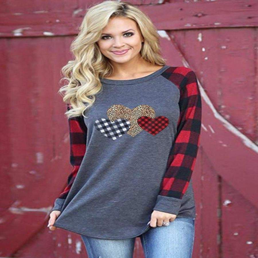 Women’s Plaid Leopard Heart Valentine’s T-Shirt