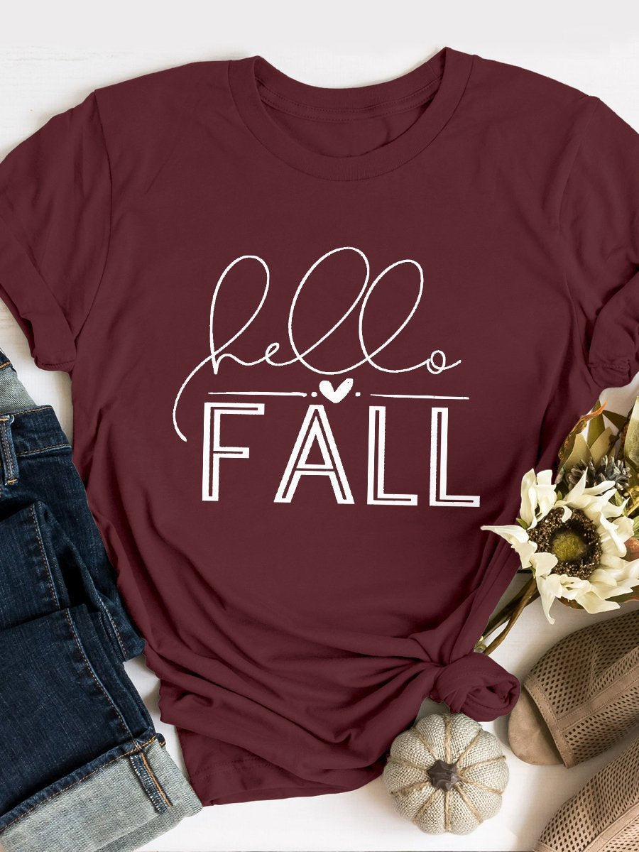 Vtg Hello Fall Print Short Sleeve T-Shirt