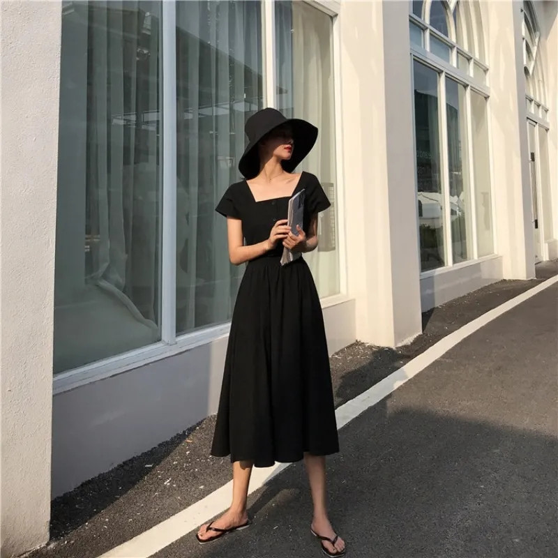 Women’S vintage 2pcs Sets French Short Sleeved Top + High Waist Long A-Line Pleated Skirt Female Summer Black Suit For Students alx